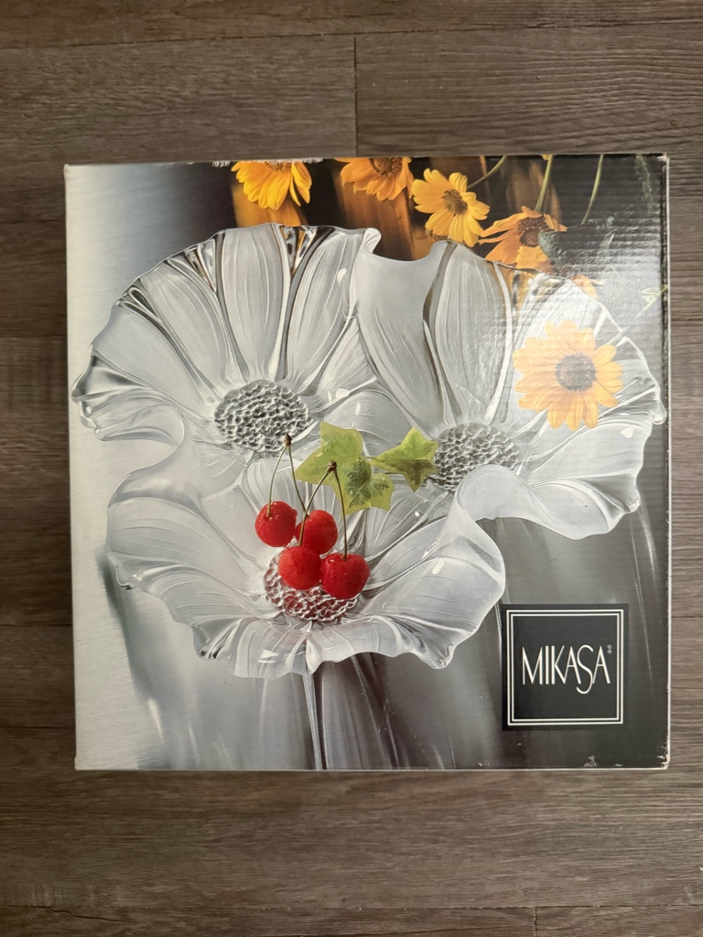 Mikasa Clear Floral Glass Serving Bowl with Red Cherry Accent